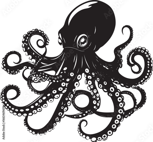 Octopus Resting Body curled with arms relaxed, tucked in close to the body. full length silhouette black vector illustration