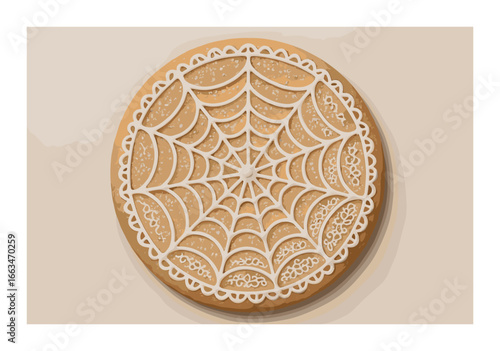 Intricate spiderweb design on round sugar cookie with white icing