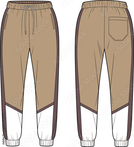 CAD drawing flat vector illustration of jogger pants, diagonal color block design, front back view, casual fashion garment, stylish apparel layout