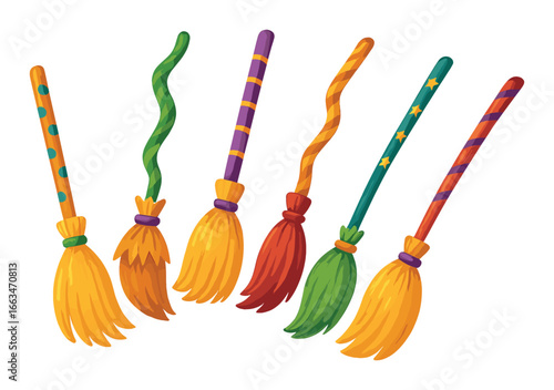 Colorful magic brooms with spiraled handles on vibrant background