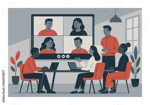 Diverse remote work meeting with video conference and in-person collaboration
