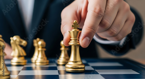 Wallpaper Mural Strategic move: Hand places golden king chess piece on a chessboard Torontodigital.ca