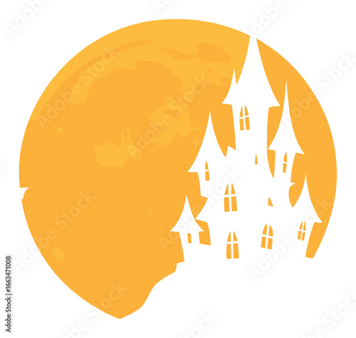 Spooky haunted castle silhouette against full moon in eerie night sky