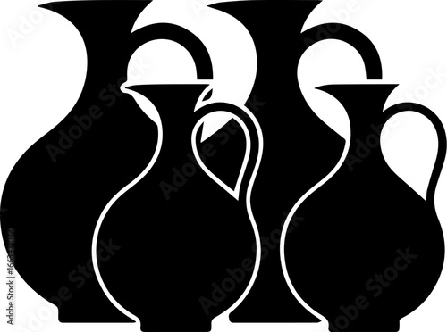 A stylized illustration featuring four matching black amphorae with handles, arranged closely together, showcasing ancient pottery design and historical significance