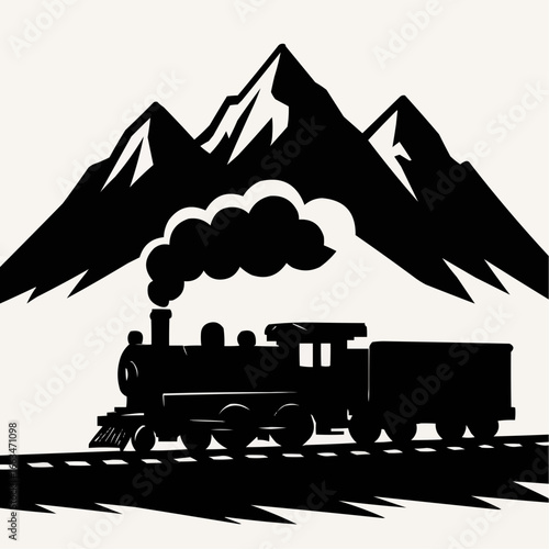 Abstract steam locomotive vector illustration traveling through a mountainous landscape at sunset