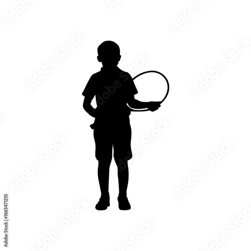 A simple, black silhouette of a young boy holding a hula hoop, standing upright against a plain white background.