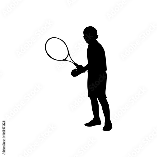 A bold, black silhouette of a child holding a tennis racket, ready to play.