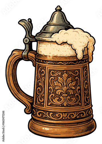 Intricately designed vintage beer stein overflowing with frothy beer