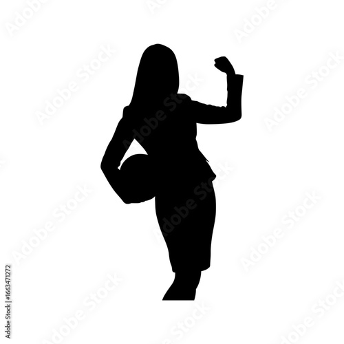 A dynamic silhouette of a woman in business attire, holding a ball and gesturing with a triumphant pose, exudes confidence and success.