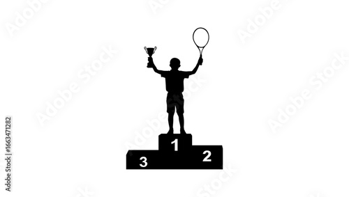 Silhouette of a triumphant tennis player on a winner's podium, holding a trophy and tennis racket aloft.