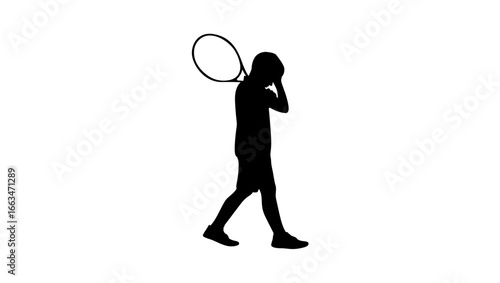 A silhouette of a dejected tennis player walking away, carrying a tennis racket.