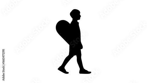 A simple, bold silhouette of a person walking, carrying a large heart-shaped object on their back.