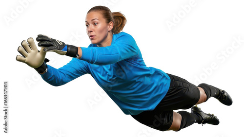 Focused female soccer goalie dives to block the ball, showcasing athleticism and determination in sports, ready for any challenge, action shot