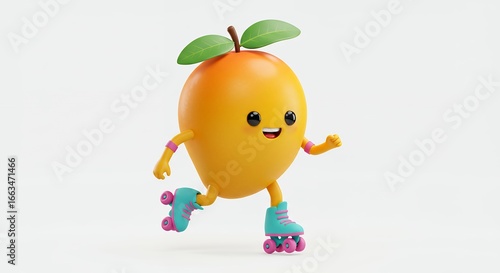 Cartoon orange fruit character running on roller skates