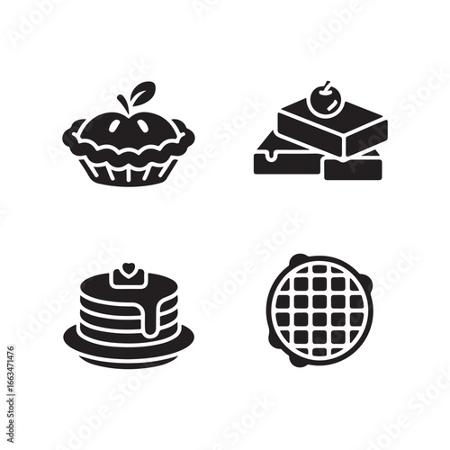 Stylized delicious baked goods icons featuring apple pie pancakes pastries and waffles for food concepts silhouette