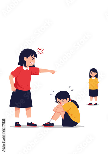 Children bullying their classmate who is sitting sadly on the floor with friends watching
