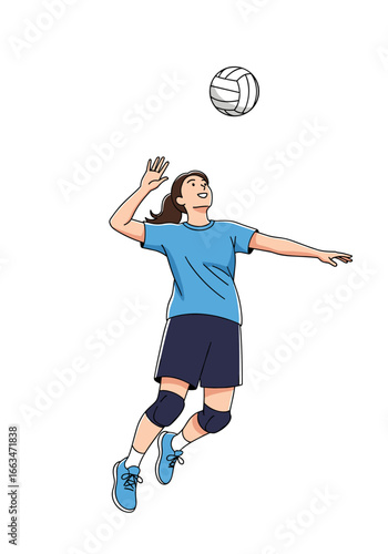 Young woman volleyball player in mid jump executing a powerful spike shot during an outdoor match enjoying the game
