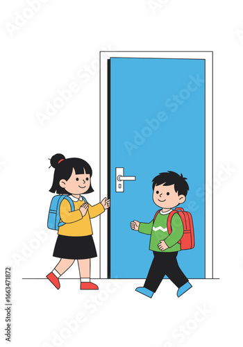 Two cheerful young students with backpacks walk through an open blue door together ready for their school day ahead