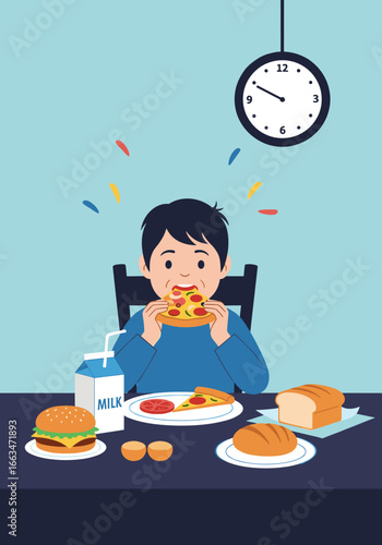 Happy young boy enjoying a delicious slice of pizza at mealtime a clock shows it's dinner time