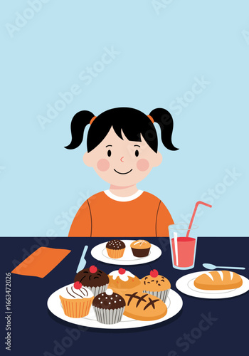 A young girl enjoys a table laden with delicious baked goods and a refreshing drink