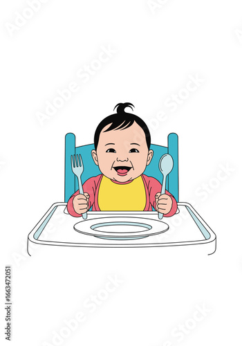 Joyful baby excitedly ready for mealtime with utensils and plate