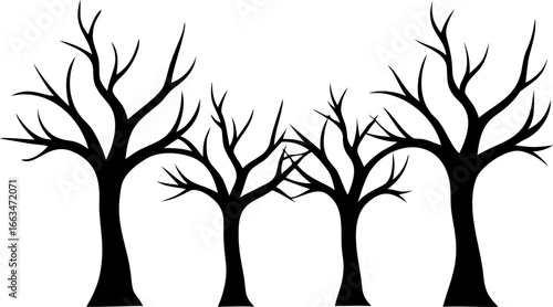 Silhouetted deciduous trees without leaves, representing the stark beauty of winter or a dormant season, rendered in black against a white background, evoking a sense of minimalism and natural form