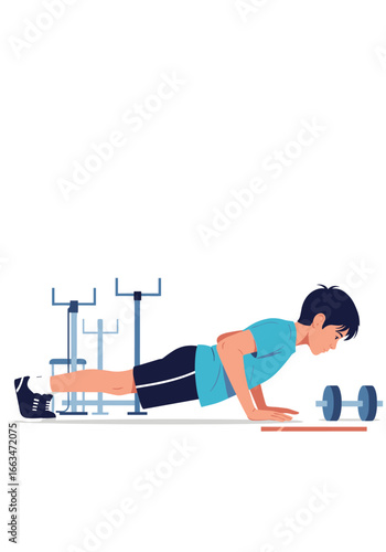Young man performing push ups in a gym setting with dumbbells and exercise equipment in background fitness workout routine strength training healthy lifestyle concept