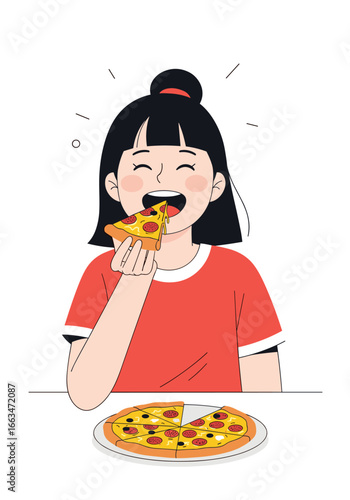 A young girl joyfully eats a delicious slice of pizza demonstrating a fondness for italian cuisine and fast food options