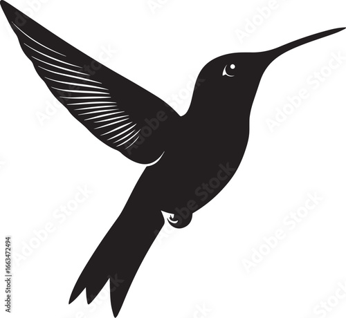 Hummingbird Darting Body angled forward wings flapping fast tail trailing. full length silhouette black vector illustration