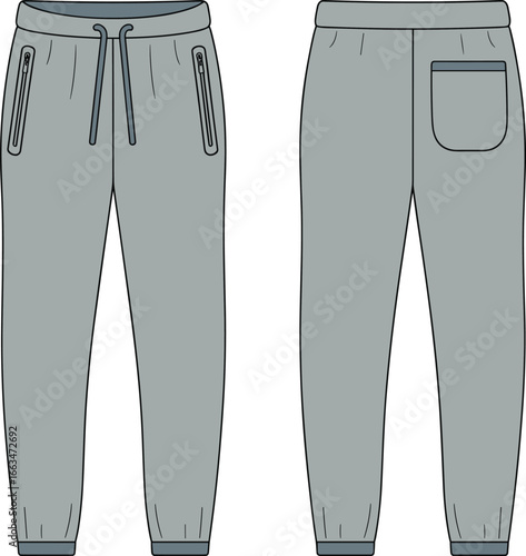 CAD drawing flat vector illustration of jogger pants, zippered pockets, drawstring waist, back patch pocket, casual fashion garment, front back views