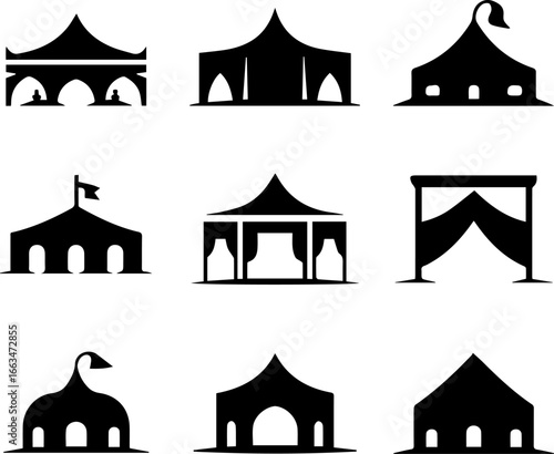Minimalist vector illustrations showcasing an array of event tents, canopies, and pavilions, ideal for depicting temporary structures, outdoor venues.