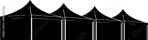 An illustration showcasing a row of black, modern, open-air event tents with pointed canopies, possibly for festivals, markets, or outdoor gatherings
