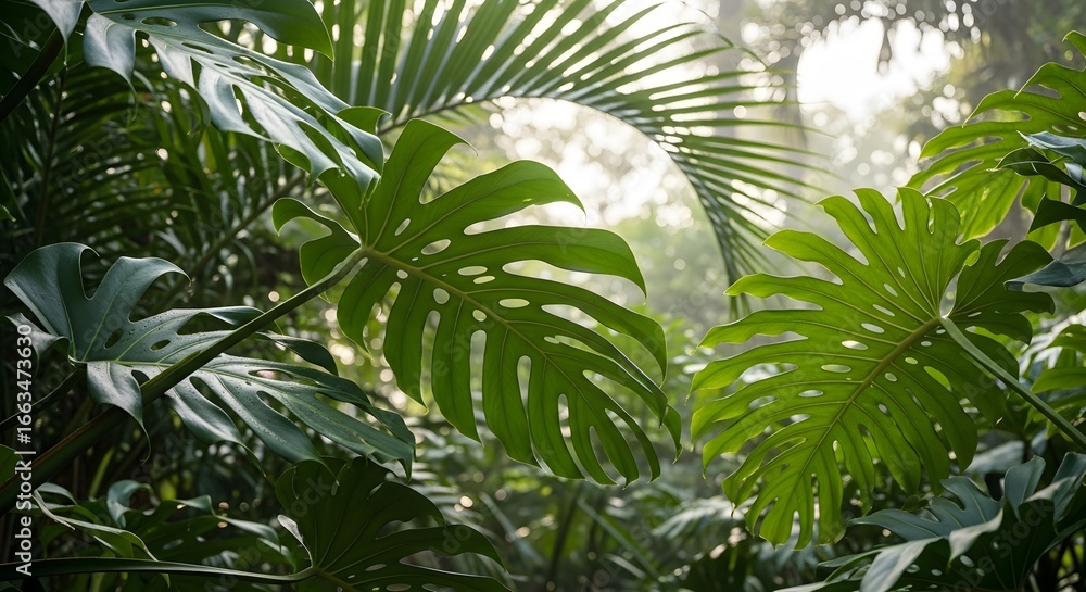 Obraz premium Green and large leaves in a lush tropical forest setting with sunlight filtering through the foliage.