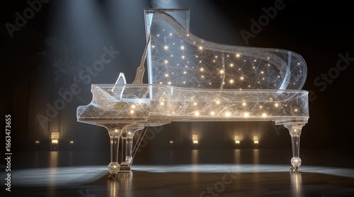 Futuristic transparent grand piano with glowing lights standing on a wooden stage in a dark concert hall
