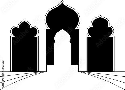 Stylized vector illustration of a traditional palace or mosque entrance with three ornate arches in silhouette. Minimalist black and white graphic design representing cultural architecture.