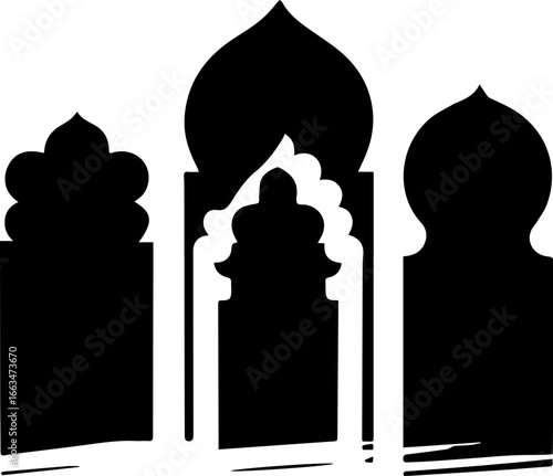 Abstract silhouette illustration of Islamic architecture featuring ornate archways and decorative elements, evoking a sense of cultural heritage and design