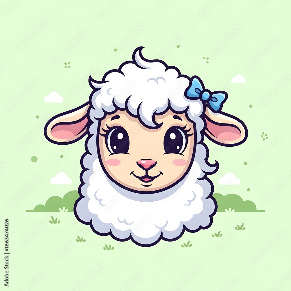 Obraz premium A cute cartoon sheep with a blue bow on its head, standing in a green field with fluffy white wool.