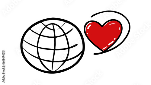 Handdrawn globe with heart, symbolizing global love, connection, and support for international community and humanitarian causes