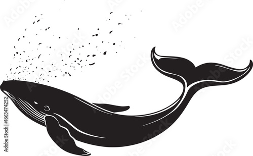 Whale Spouting Blowhole emitting a spray of water vapor, body near the surface. full length silhouette black vector illustration