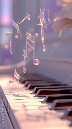 Floating iridescent music notes above piano keys in a soft pastel setting with dreamy glowing light