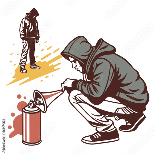 Graffiti artist spraying paint on wall for street art and urban culture design and decoration