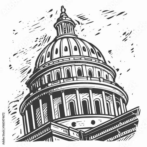 Monochrome illustration of a capitol building with a prominent dome, showcasing architectural details and historical significance