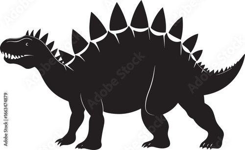 Stegosaurus - A slow-moving quadruped with large plates on its back, spikes on its tail, and a small head. full length silhouette black vector illustration