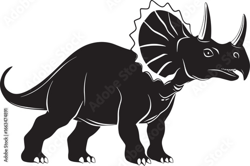 Triceratops - A quadrupedal herbivore with a frill at the back of its head and three horns, standing on sturdy limbs. full length silhouette black vector illustration