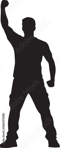 A player raising their fist in celebration after winning a point, full-length silhouette vector.