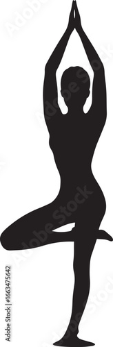 Tree Pose Vrksasana Silhouette, A person balancing on one leg, the other foot placed on the inner thigh or calf, with arms raised overhead in prayer position.