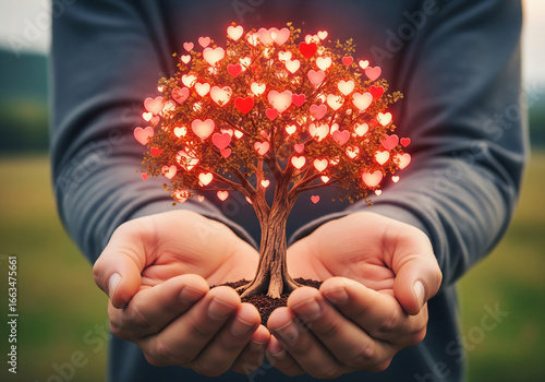 Close-up of hands gently holding a small tree with glowing hearts as leaves, symbolizing the growth and impact of charity and kindness.
