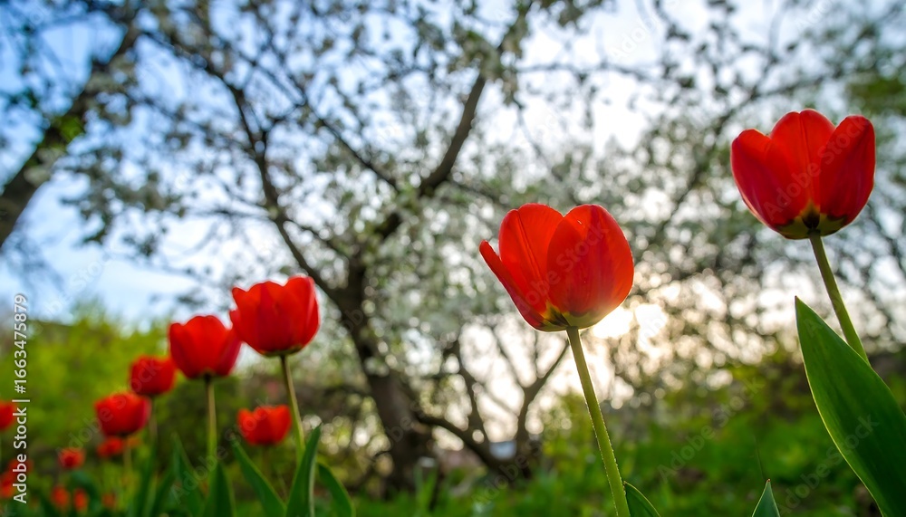 Obraz premium Vivid red tulips stand tall beneath a canopy of blossoming trees on a spring day.