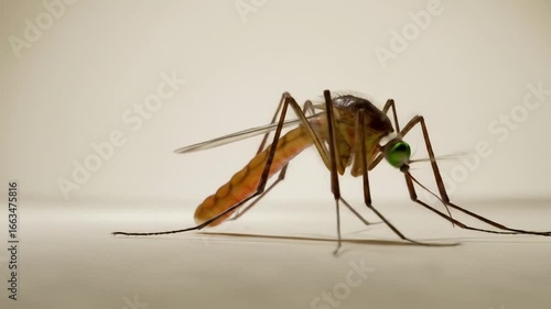 Close-up of a mosquito with a full abdomen, showcasing its delicate wings, long legs, and proboscis against a plain background.