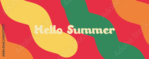 Creative concept of summer bright and juicy banner. Hello Summer text. Modern abstract art design with wavy shapes. Templates for celebration, ads, branding, card, cover, label, poster, sales